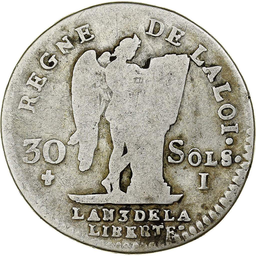 Francia, Louis XVI, 30 sols françois, 1791 / AN 3, Limoges, Plata, BC+
