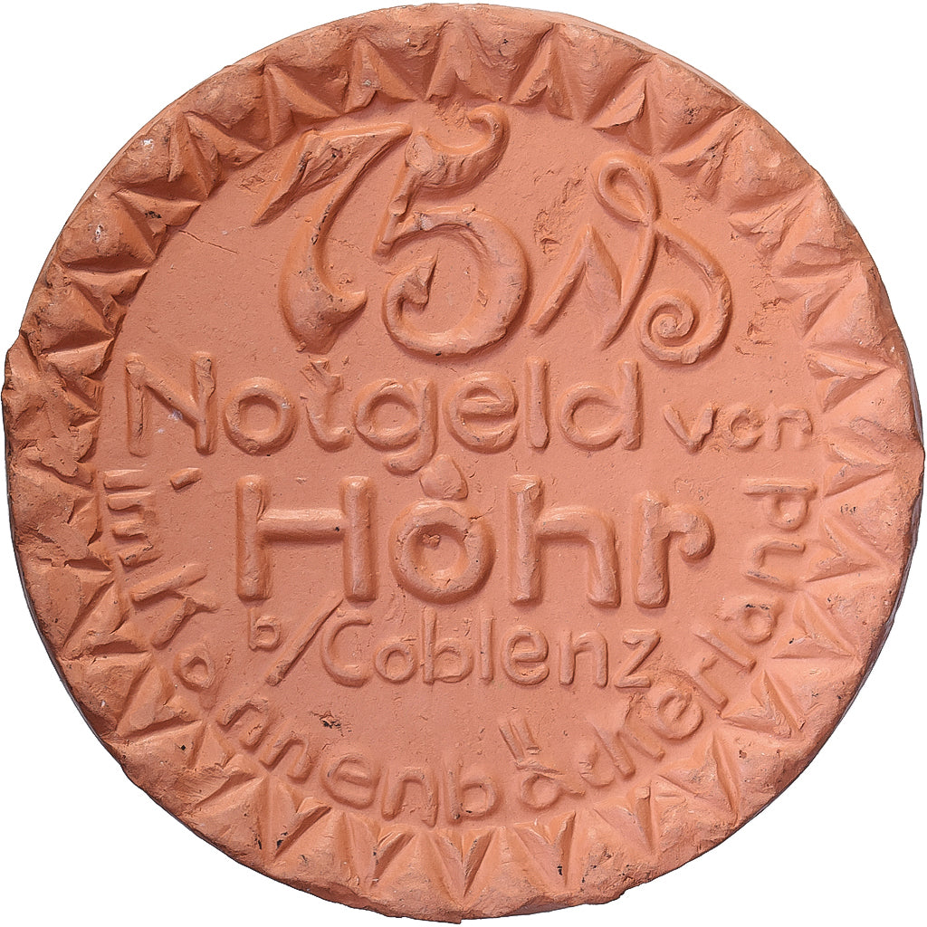 République de Weimar, Municipalité de Höhr, 75 Pfennig, 1921, SPL, Porcelaine