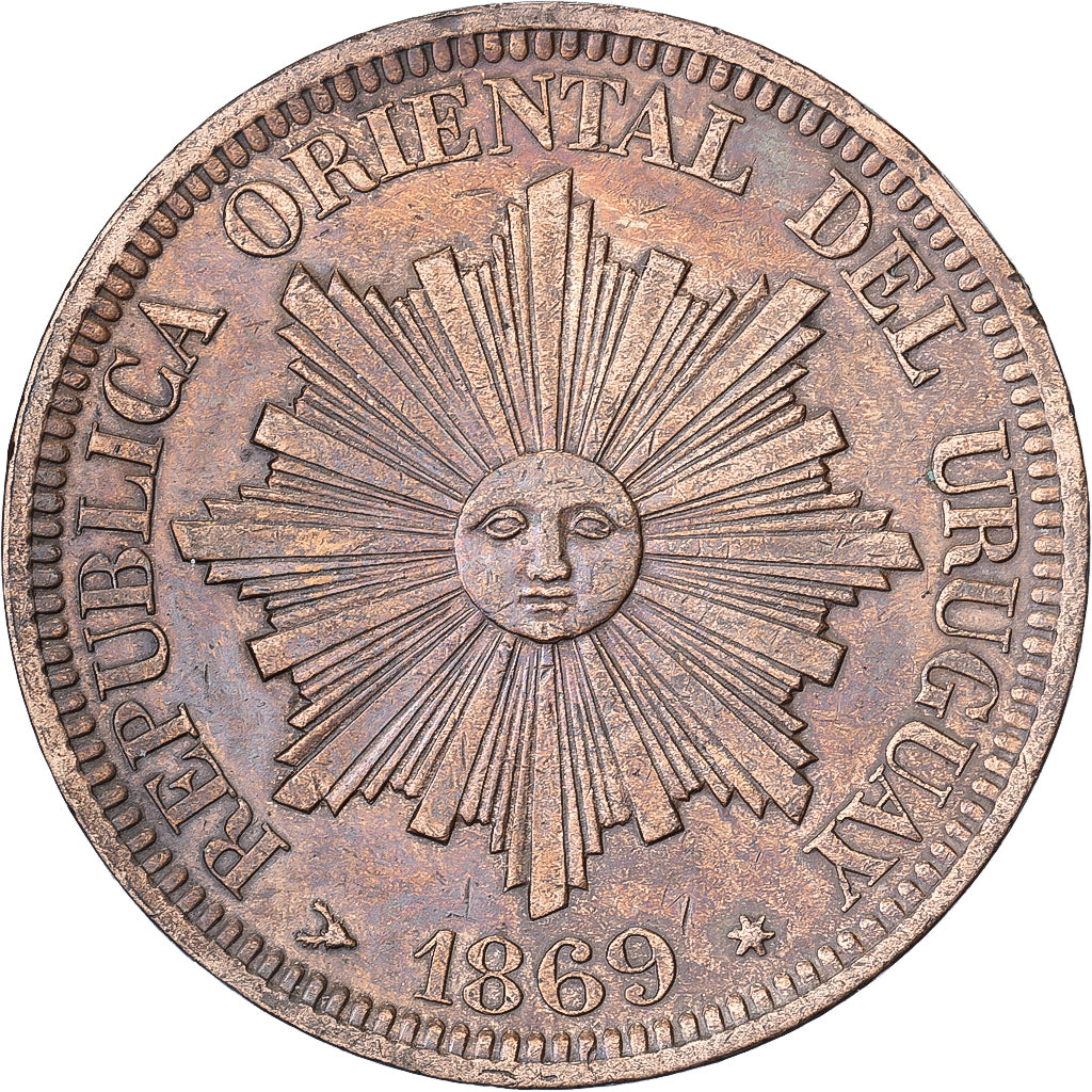 Urugwaj, 4 Centesimos, 1869, Heaton, Aluminium-Brąz, AU(50-53), KM:13