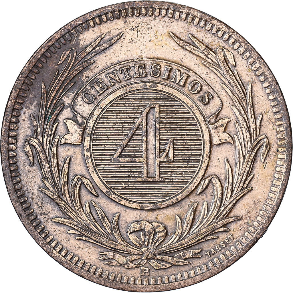 Urugwaj, 4 Centesimos, 1869, Heaton, Aluminium-Brąz, AU(50-53), KM:13