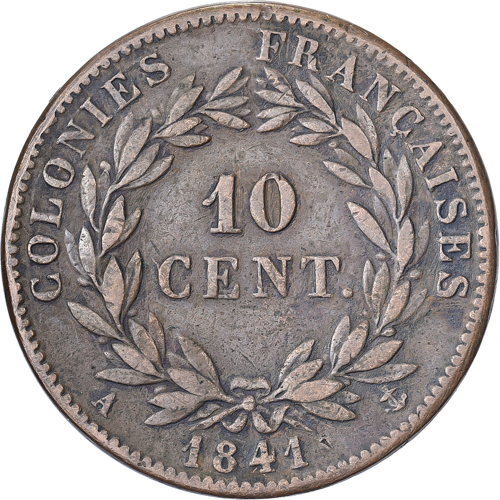 COLONIAS FRANCESAS, Louis Philippe I, 10 Centimes, 1841, Paris, Bronce, BC+