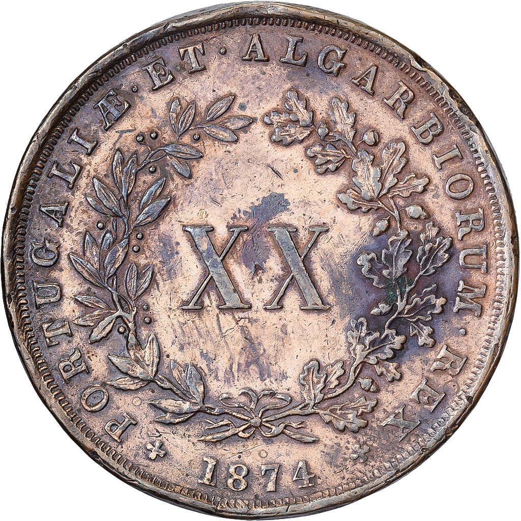 Portugal, Luiz I, 20 Reis, 1874, Lisbon, Miedź, AU(50-53), KM:515
