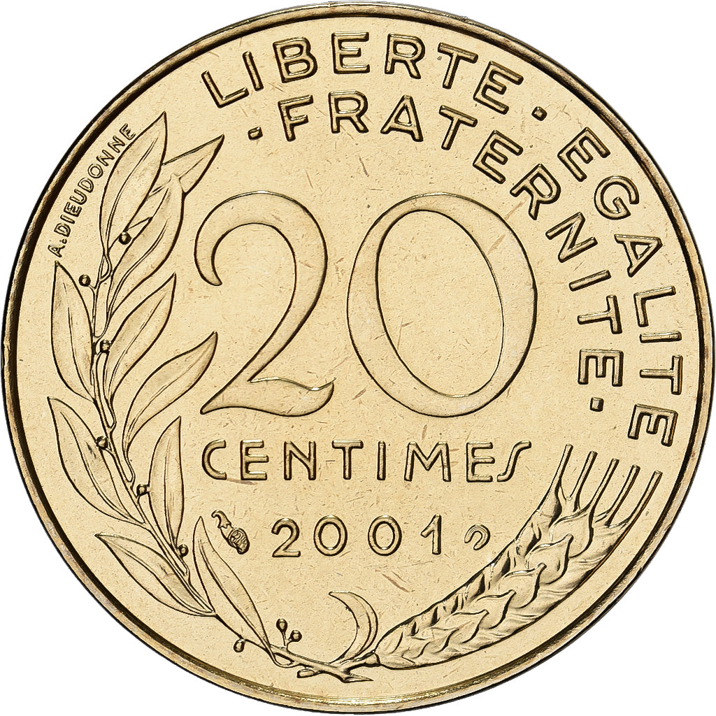 France, 20 Centimes, Marianne, 2001, MDP, Série BU, Bronze-aluminium, FDC