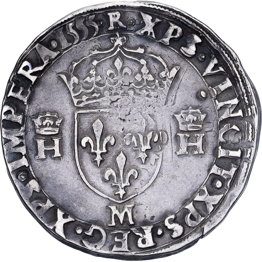 Frankrijk, Henri II, Teston à la tête nue, 1555, Toulouse, Zilver, ZF+