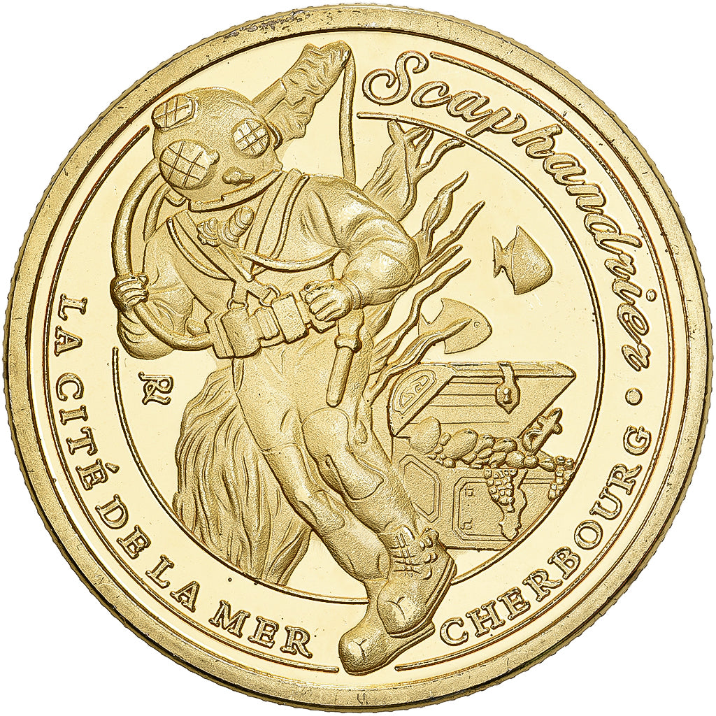 France, Medal, Cherbourg, Scaphandrier et poulpe, Gilt iron, MS(63)