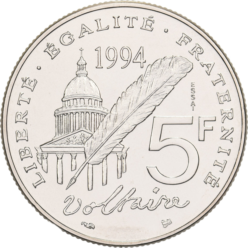 France, 5 Francs, Voltaire, 1994, MDP, Pattern, Nickel Clad Copper-Nickel