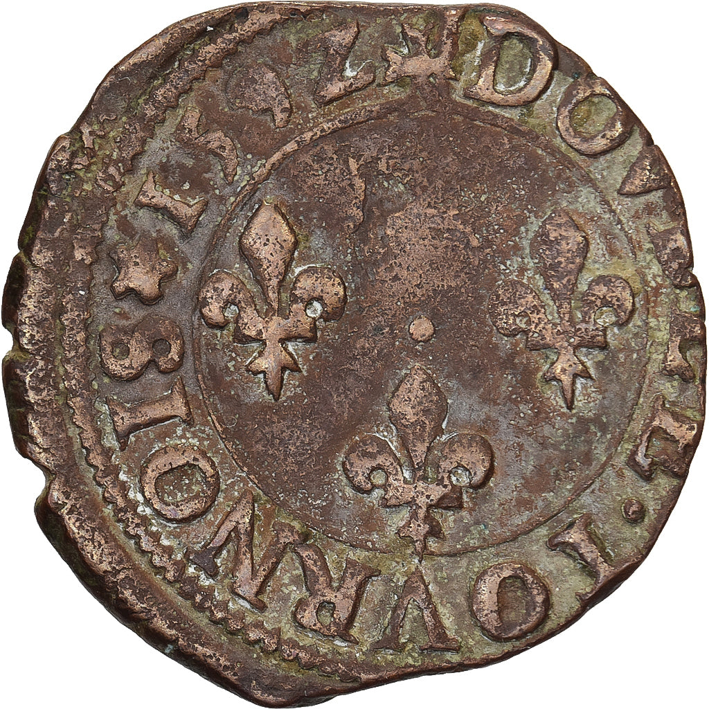 France, Henri IV, Double Tournois, 1592, Tours, Copper, VF(20-25), Gadoury:538