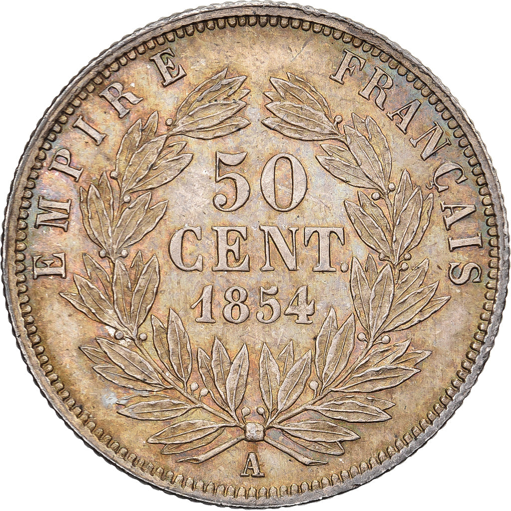 Francja, Napoleon III, 50 Centimes, 1854, Paris, Srebro, AU(55-58), Gadoury:414