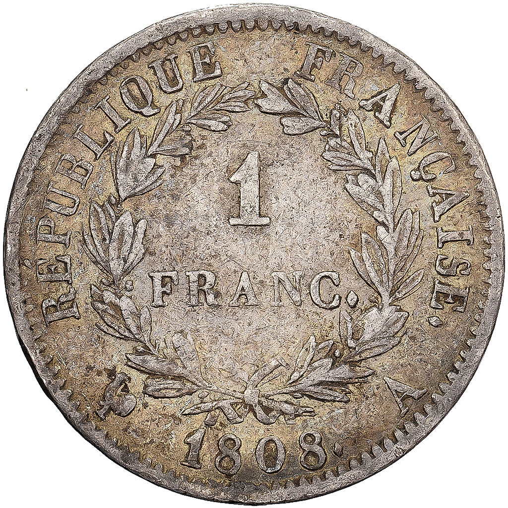 Frankrijk, Napoleon I, 1 Franc, 1808, Paris, Zilver, ZF, Gadoury:446