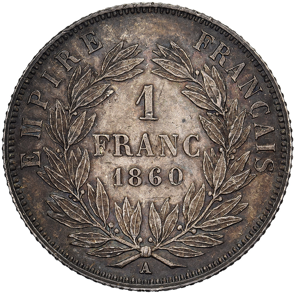 Francja, Napoleon III, 1 Franc, 1860, Paris, Srebro, AU(55-58), Gadoury:460