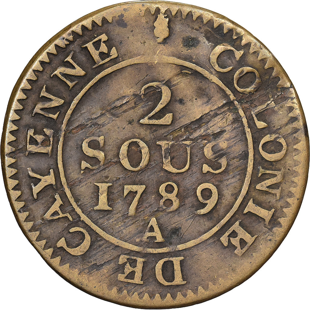 Guyana, Louis XVI, 2 Sous, 1789, Paris, Vellón, BC+, KM:1