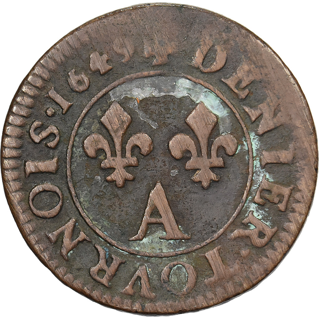 Francia, Louis XIV, Denier Tournois, 1649, Paris, Rame, MB, Gadoury:70