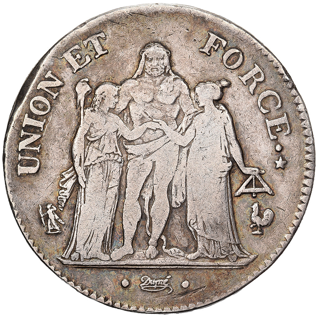 France, 5 Francs, Union et Force, AN 7, Paris, Silver, VF(20-25), Gadoury:563