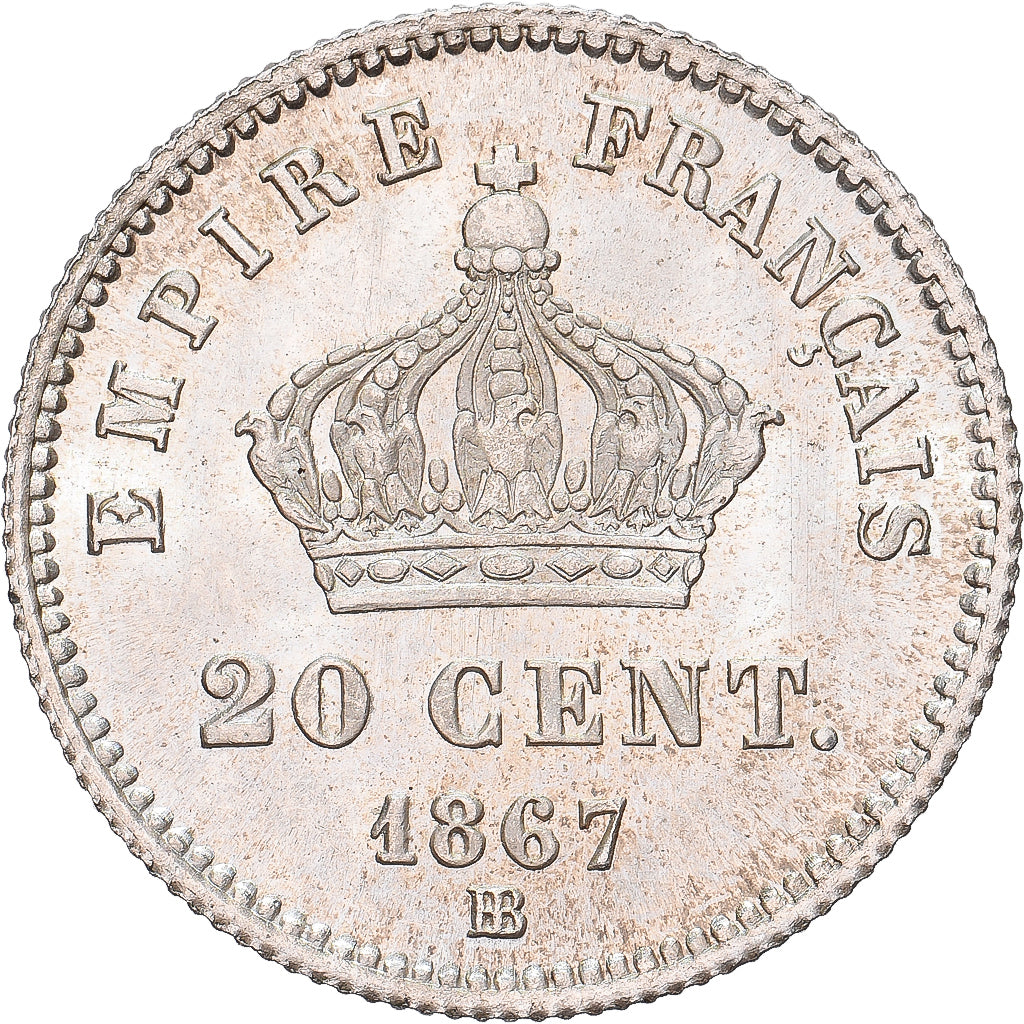 Frankrijk, Napoleon III, 20 Centimes, 1867, Strasbourg, Zilver, FDC, Gadoury:309