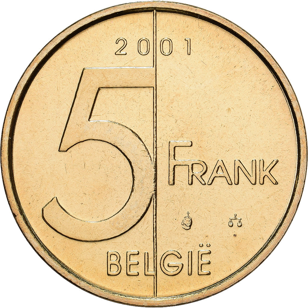 Belgia, Albert II, 5 Frank, 2001, Brussels, Brąz-Aluminium, MS(65-70), KM:190