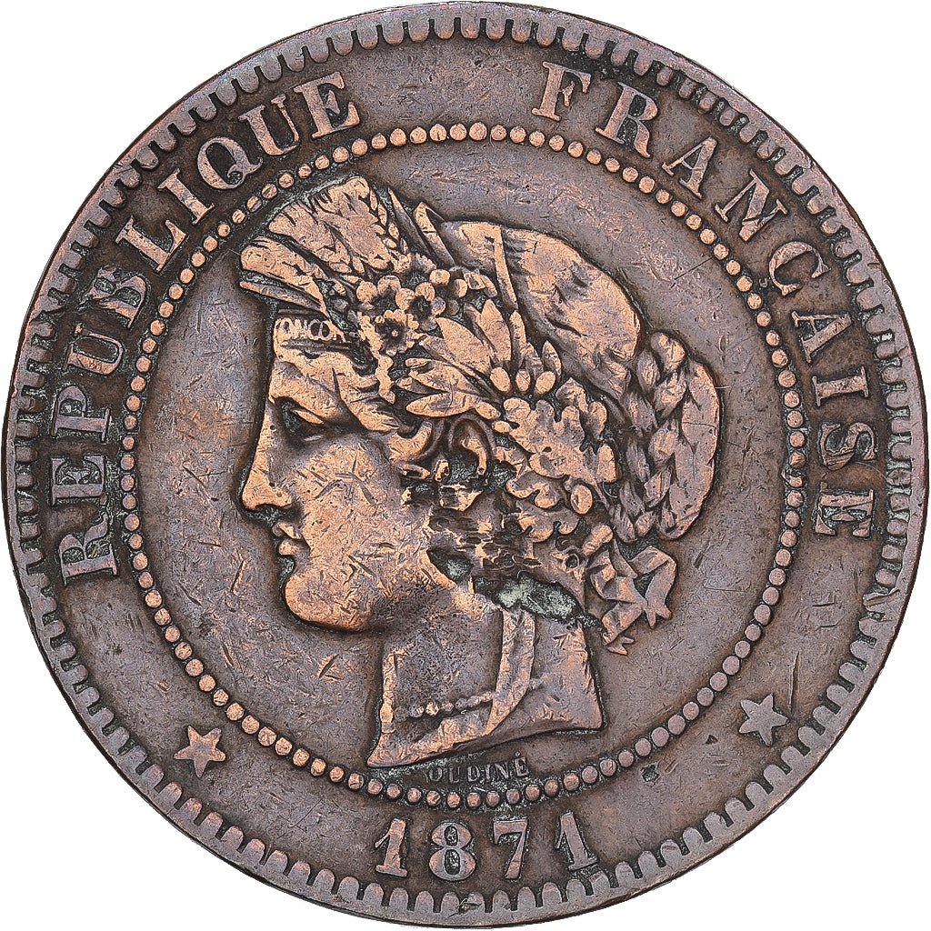 Frankreich, 10 Centimes, Cérès, 1871, Paris, Bronze, SS, Gadoury:265