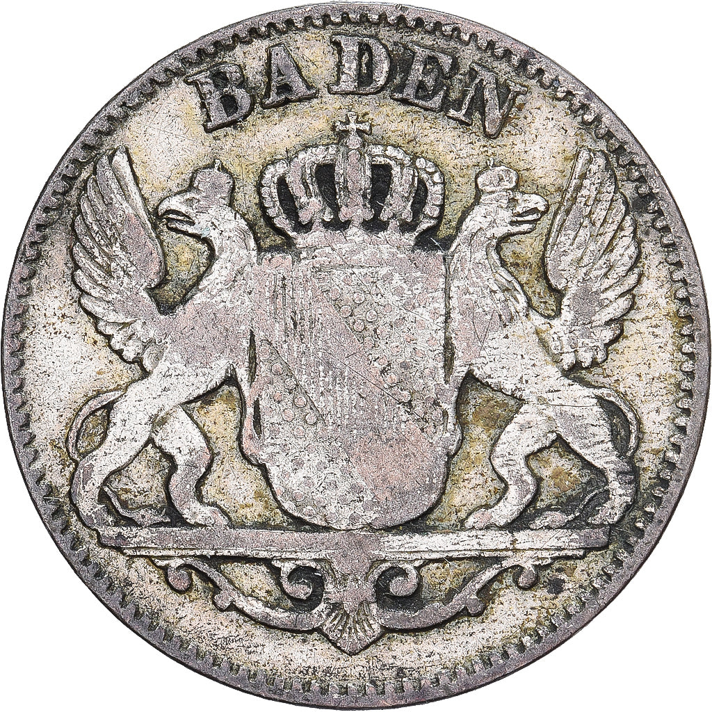 Grand Duchy of Baden, Leopold I, 6 Kreuzer, 1848, Karlsruhe, Prata, AU(50-53)
