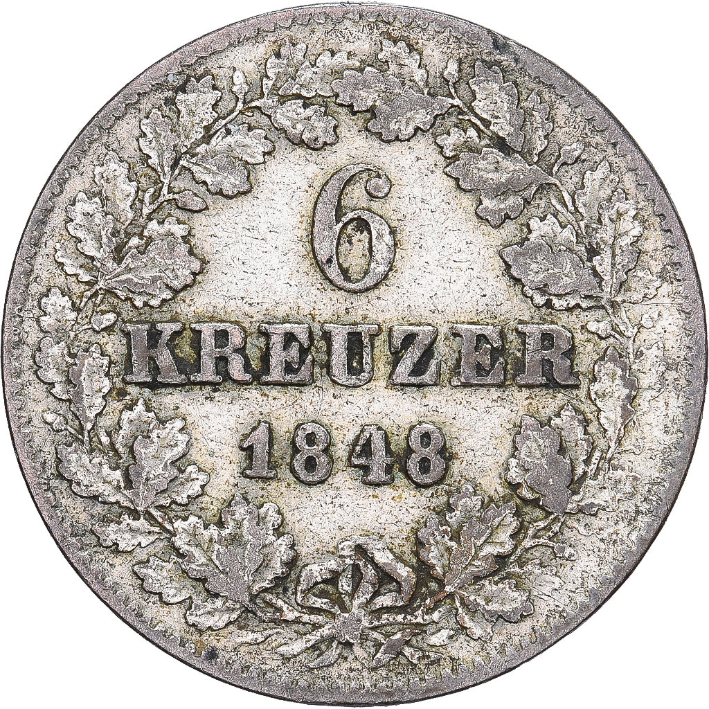 Grand Duchy of Baden, Leopold I, 6 Kreuzer, 1848, Karlsruhe, Prata, AU(50-53)