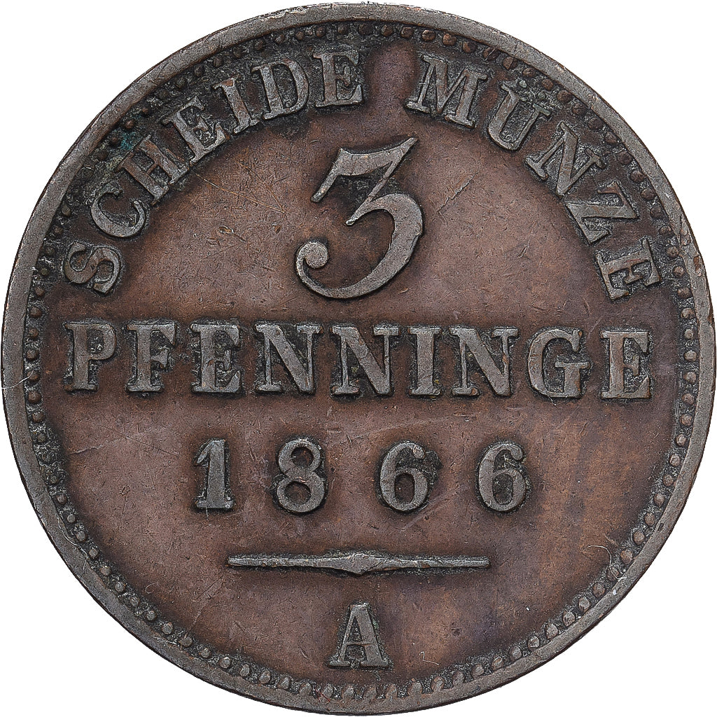 Kingdom of Prussia, Wilhelm I, 3 Pfenninge, 1866, Berlin, Cobre, EF(40-45)