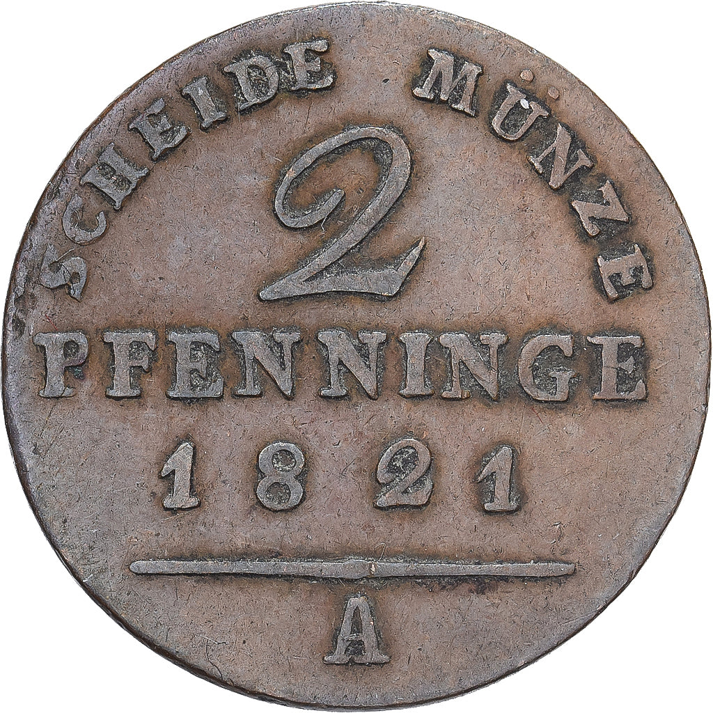 Prússia, Friedrich Wilhelm III, 2 Pfenninge, 1821, Berlin, Cobre, VF(20-25)