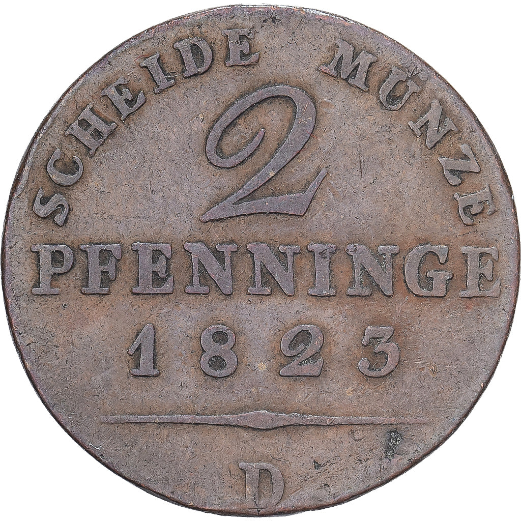 Prússia, Friedrich Wilhelm III, 2 Pfenninge, 1823, Düsseldorf, Cobre