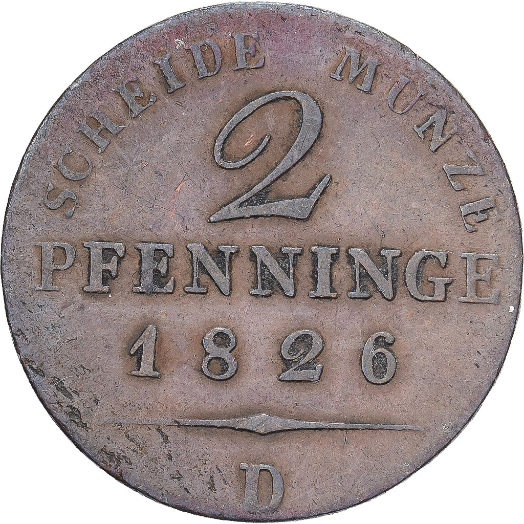 Prússia, Friedrich Wilhelm III, 2 Pfenninge, 1826, Düsseldorf, Cobre