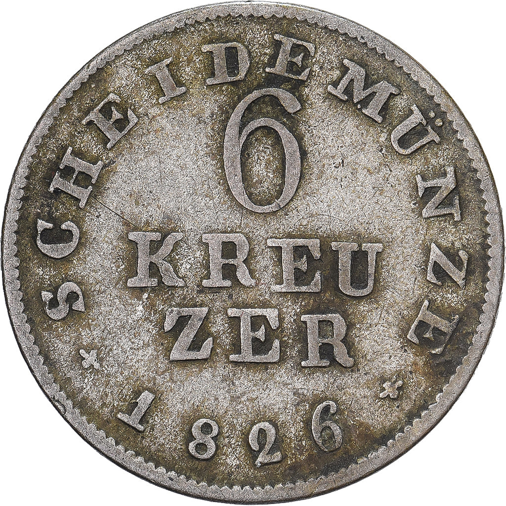 Grand Duchy of Hessen, Ludwig I, 6 Kreuzer, 1826, Darmstadt, Prata, VF(20-25)
