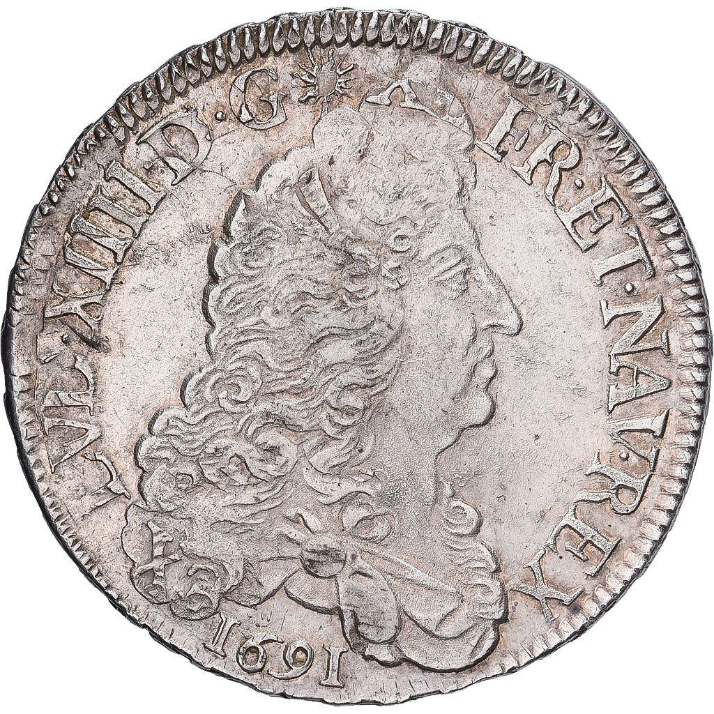 Francia, Louis XIV, Ecu aux 8 L, 1691, La Rochelle, reformed, Plata, MBC