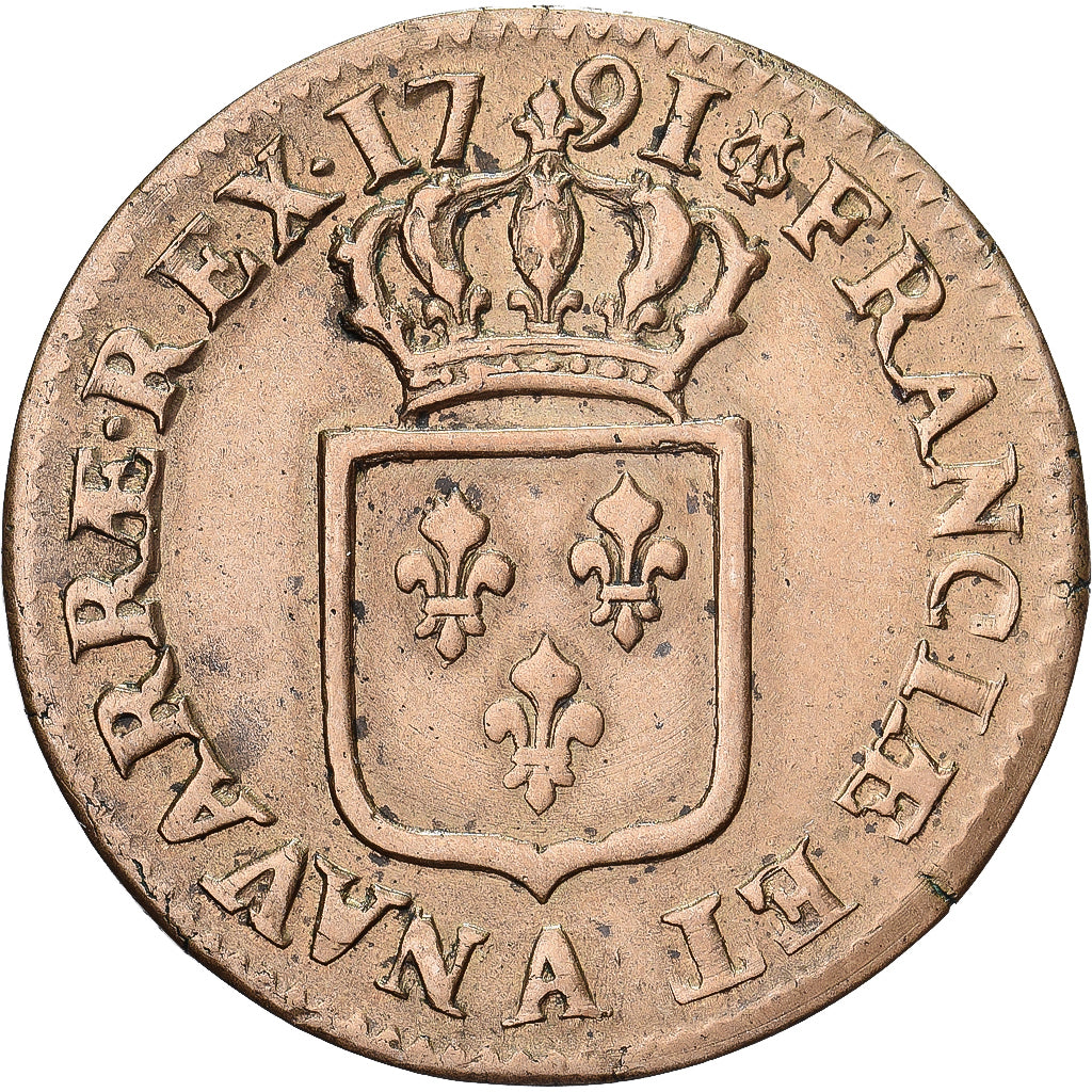 France, Louis XVI, 1 Sol, 1791, Paris, 2nd semestre, Cuivre, TTB+, Gadoury:350