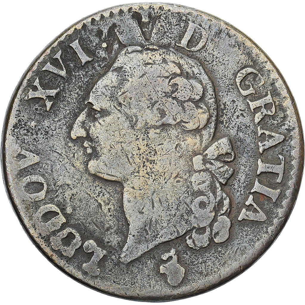 França, Louis XVI, 1 Sol, 1791, Paris, Cobre, VF(20-25), Gadoury:350