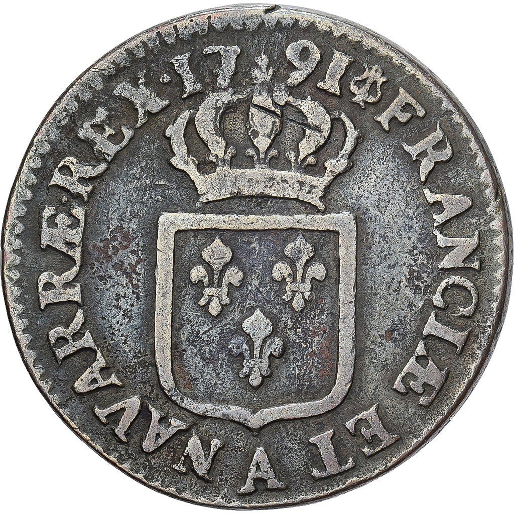 França, Louis XVI, 1 Sol, 1791, Paris, Cobre, VF(20-25), Gadoury:350