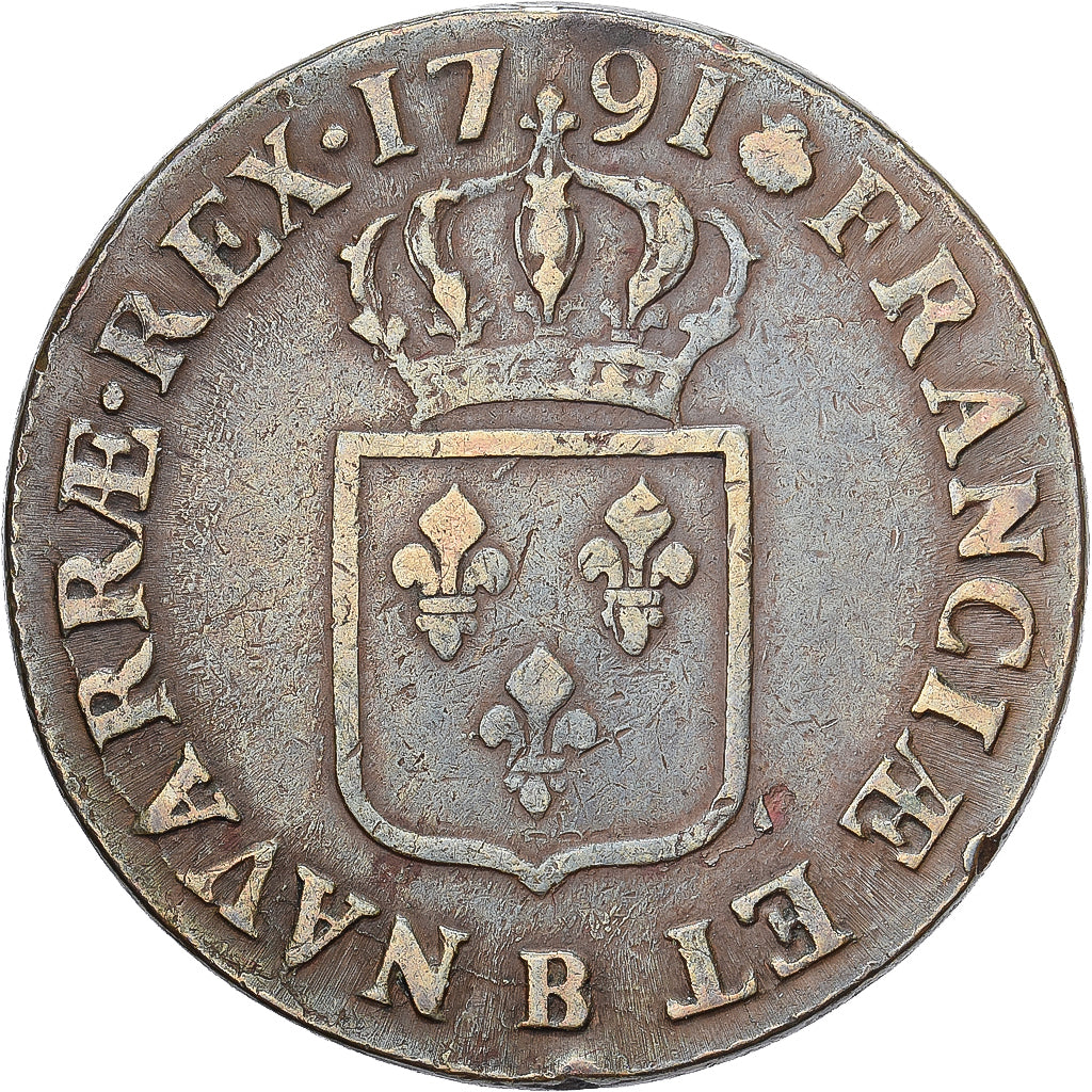 France, Louis XVI, 1 Sol, 1791, Rouen, Cuivre, TB, Gadoury:350