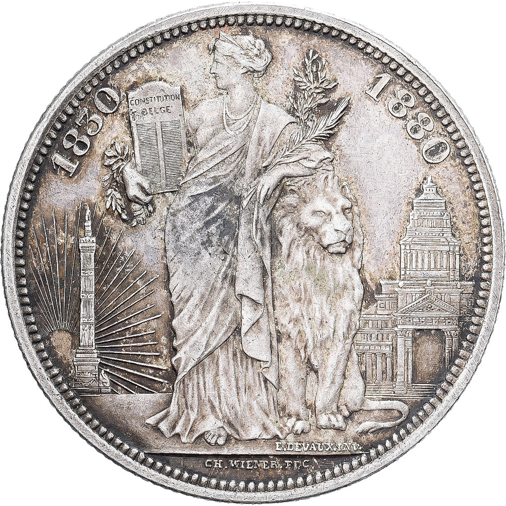 Bélgica, Leopold II, 5 Francs, 1880, Brussels, Plata, MBC+