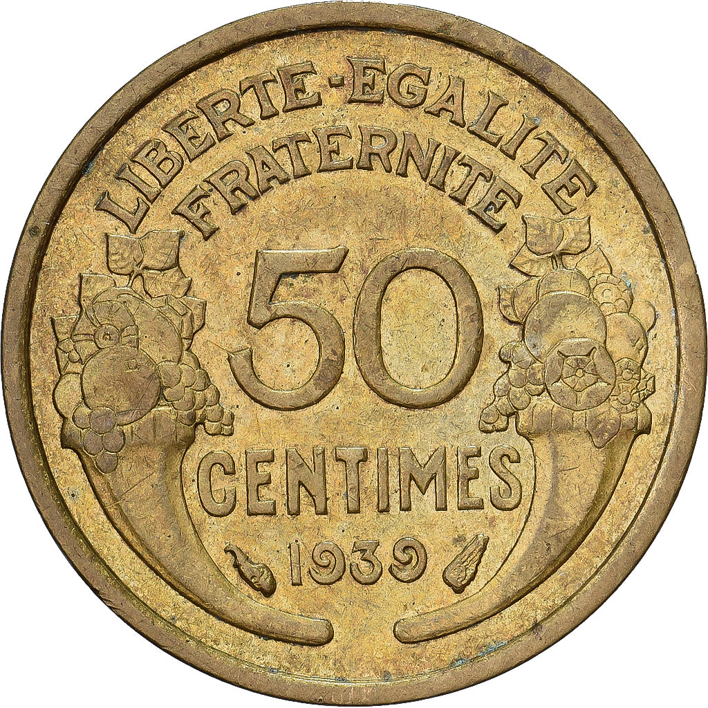 França, 50 Centimes, Morlon, 1939, Paris, Cobre-Alumínio, AU(55-58)