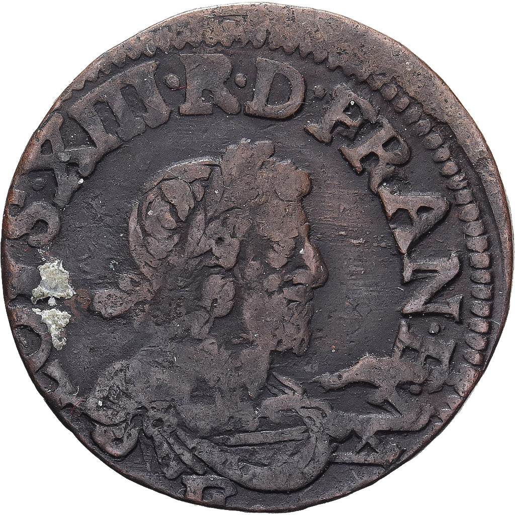 France, Louis XIII, Double Tournois, 1638, Tours, Copper, VF(20-25), Gadoury:11