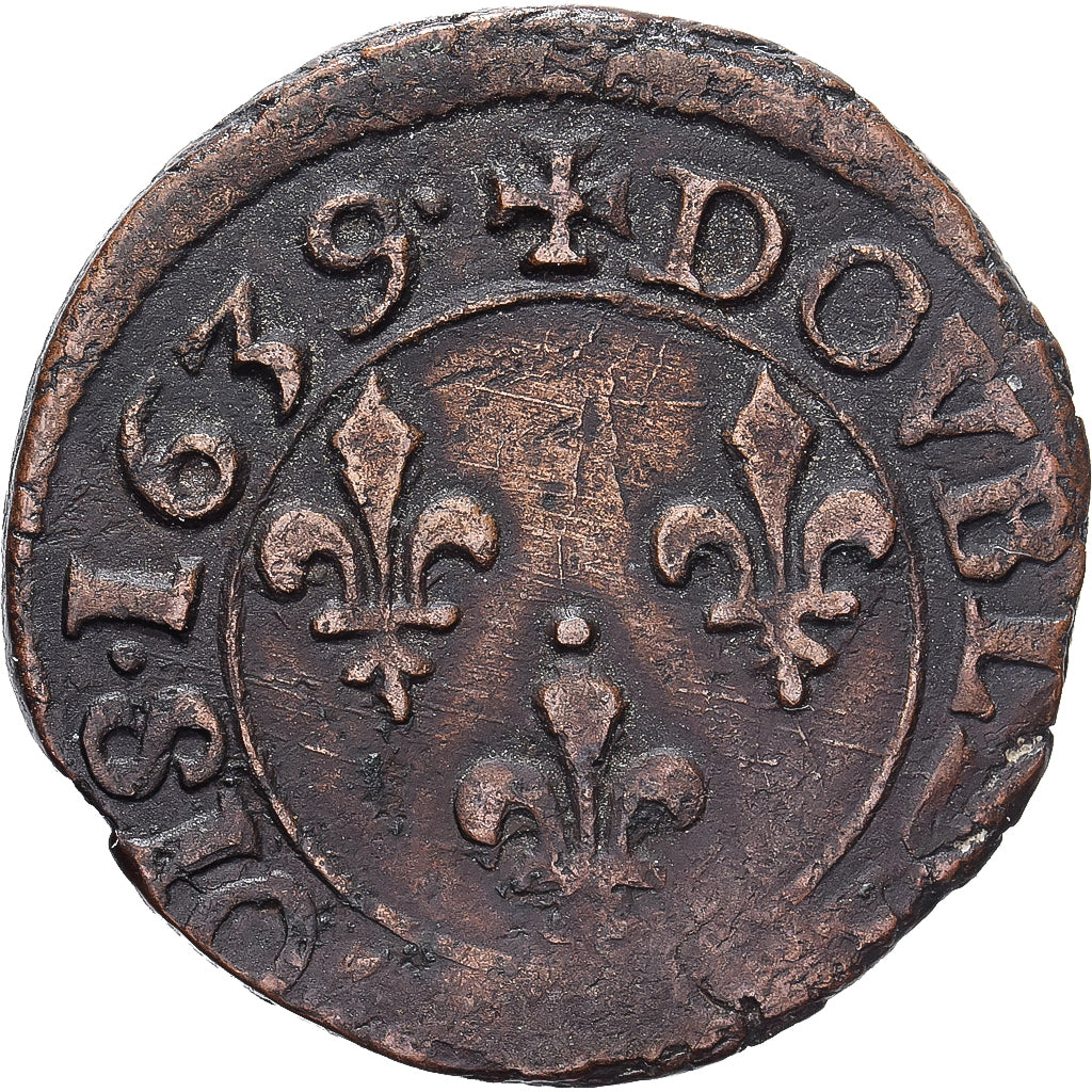 France, Louis XIII, Double Tournois, 1639, Tours, Cuivre, TB, Gadoury:11