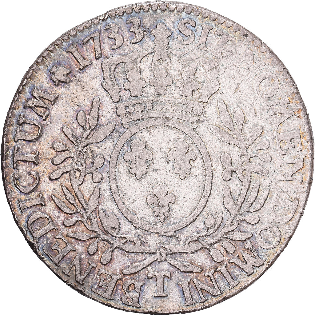 França, Louis XV, Ecu aux branches d'olivier, 1733, Nantes, Prata, VF(20-25)