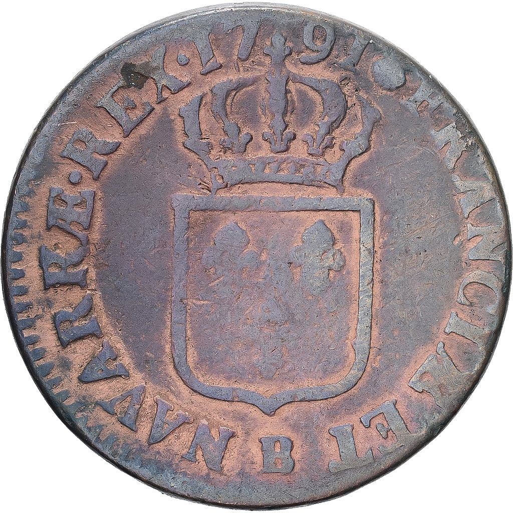 France, Louis XVI, Sol, 1791, Rouen, Copper, VF(20-25), Gadoury:350