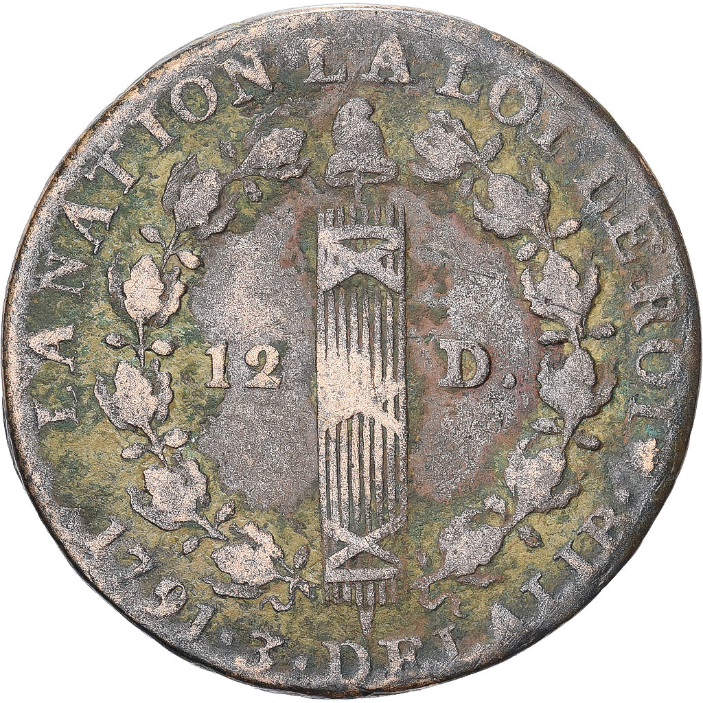 France, Louis XVI, 12 Deniers, 1791 / AN 3, Paris, Bronze, VF(20-25), Gadoury:15