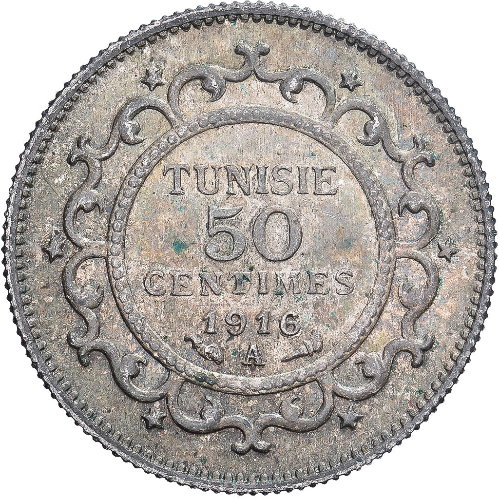 Túnez, Muhammad V, 50 Centimes, 1916, Paris, Plata, MBC+
