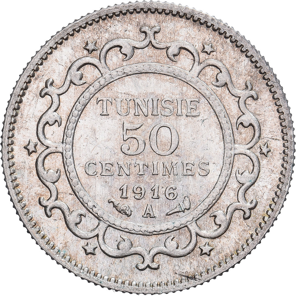 Tunisië, Muhammad V, 50 Centimes, 1916, Paris, Zilver, UNC-