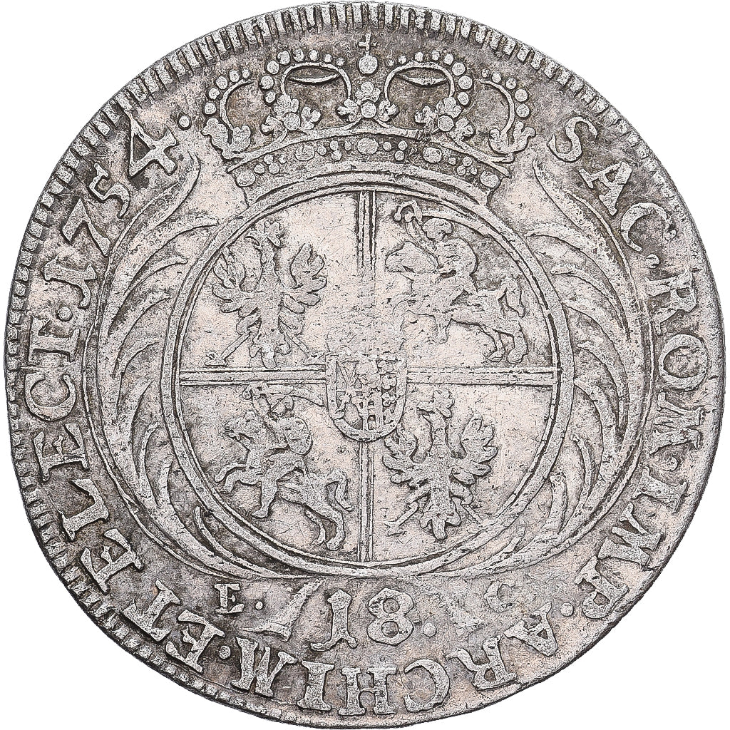 Poland–Lithuania, August III, 18 Groszy, 1754, Leipzig, Silver, VF(30-35)