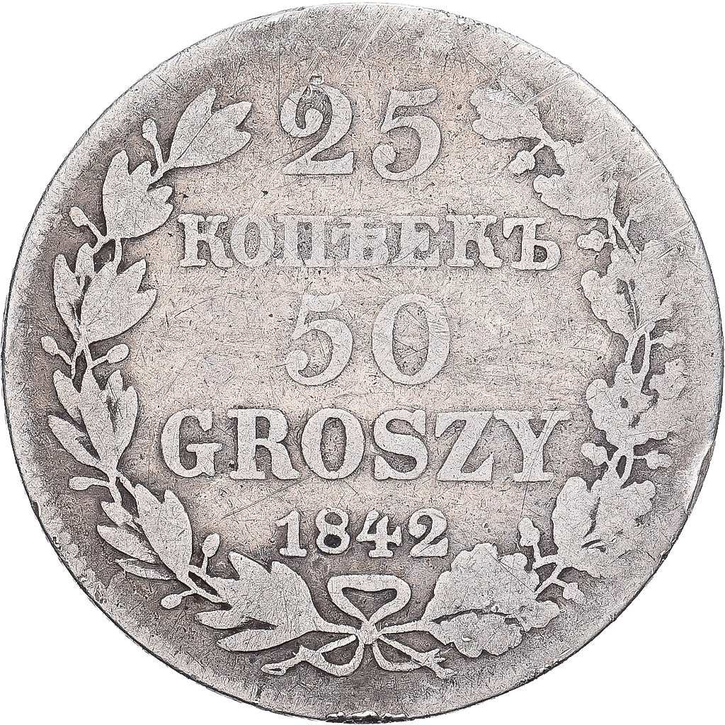 Poland, Nicholas I, 50 Groszy, 1842, Warsaw, Silver, VF(20-25)