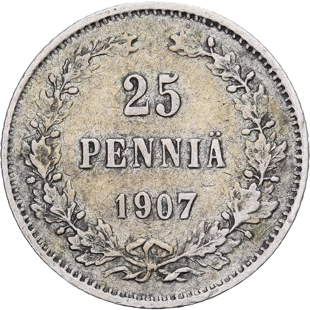 Finlandia, Nicholas II, 25 Penniä, 1907, Helsinki, Plata, MBC, KM:6