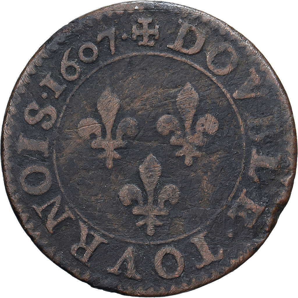France, Henri IV, Double Tournois, 1607, Paris, Copper, VF(20-25), Gadoury:538