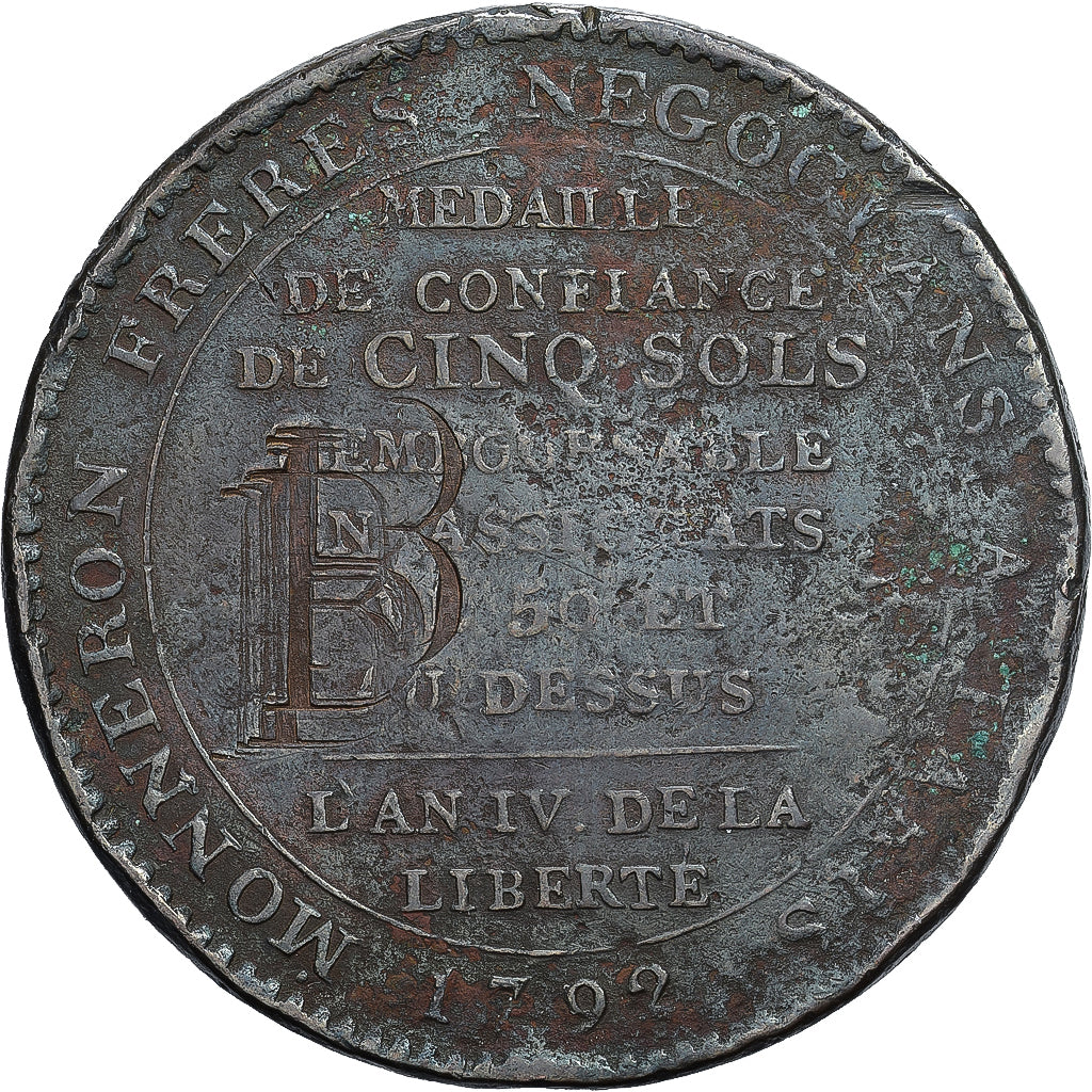 Francja, Monneron de 5 Sols, 1792, Birmingham, Brązowy, VF(20-25)