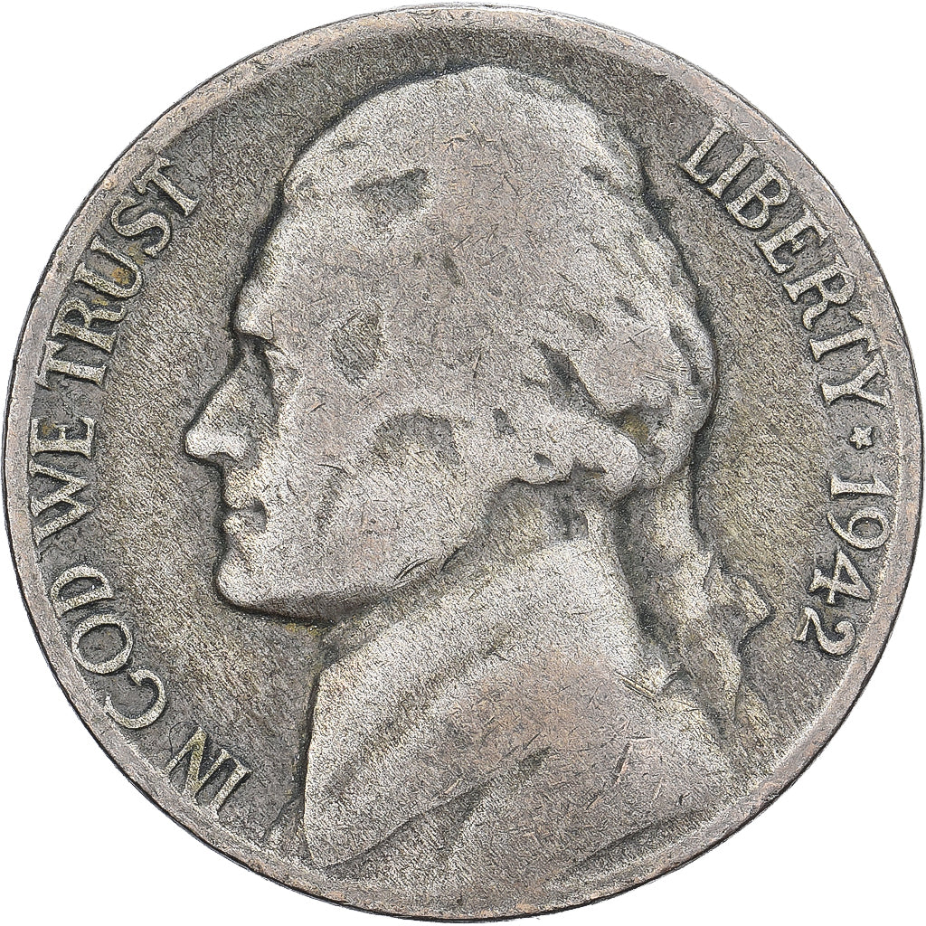 Verenigde Staten, 5 Cents, Jefferson, 1942, Philadelphia, Billon, FR, KM:192a