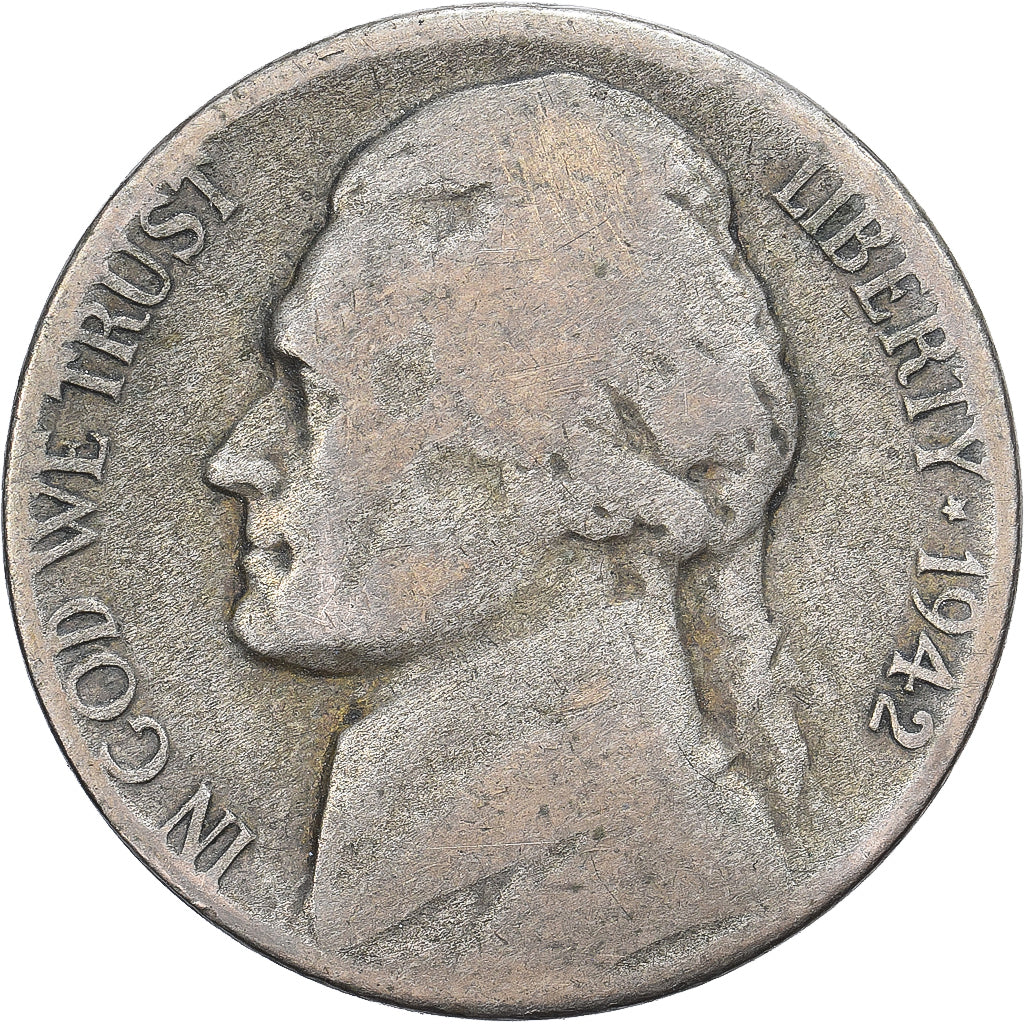 États-Unis, 5 Cents, Jefferson, 1942, San Francisco, Billon, TB, KM:192a