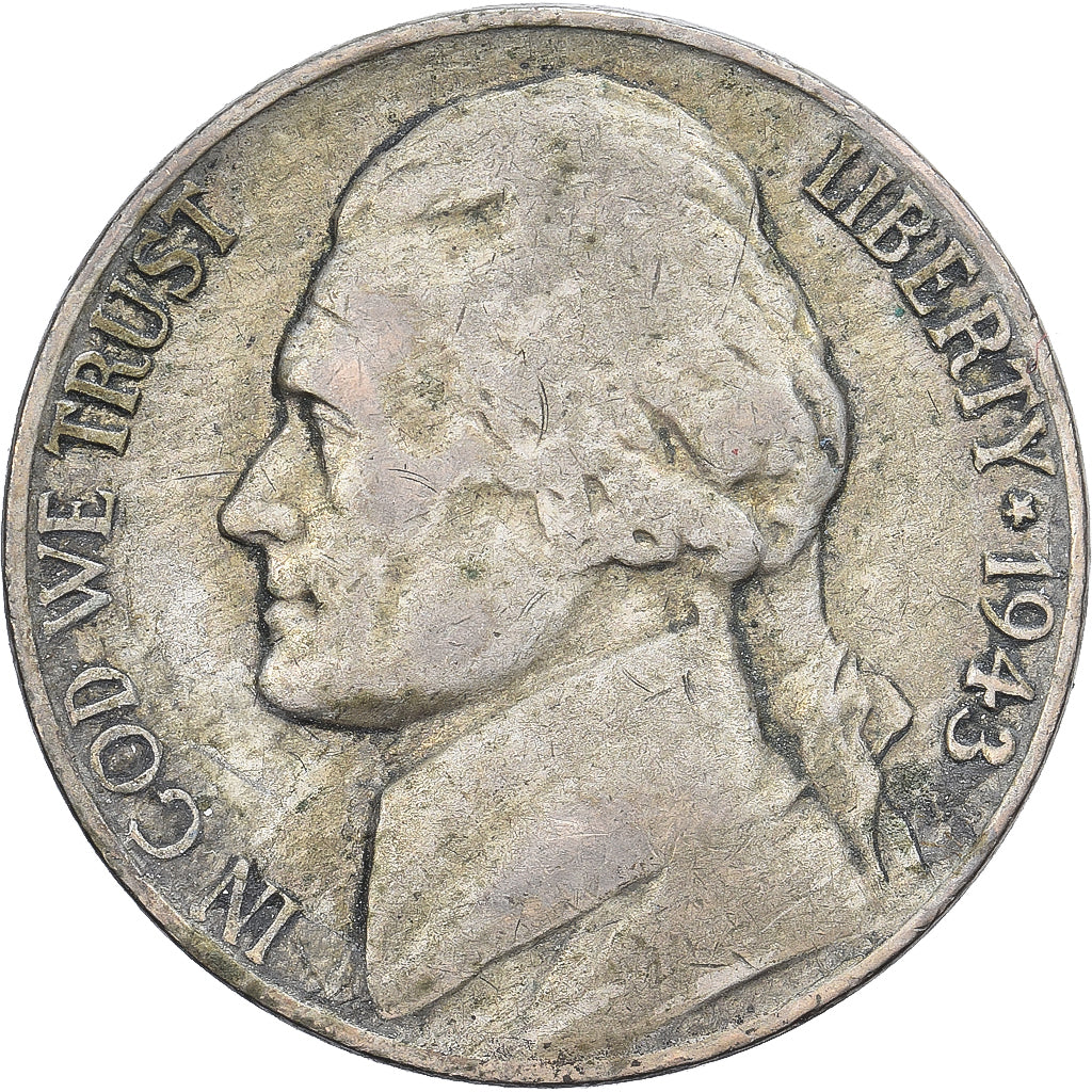 États-Unis, 5 Cents, Jefferson, 1943, San Francisco, Billon, TB, KM:192a