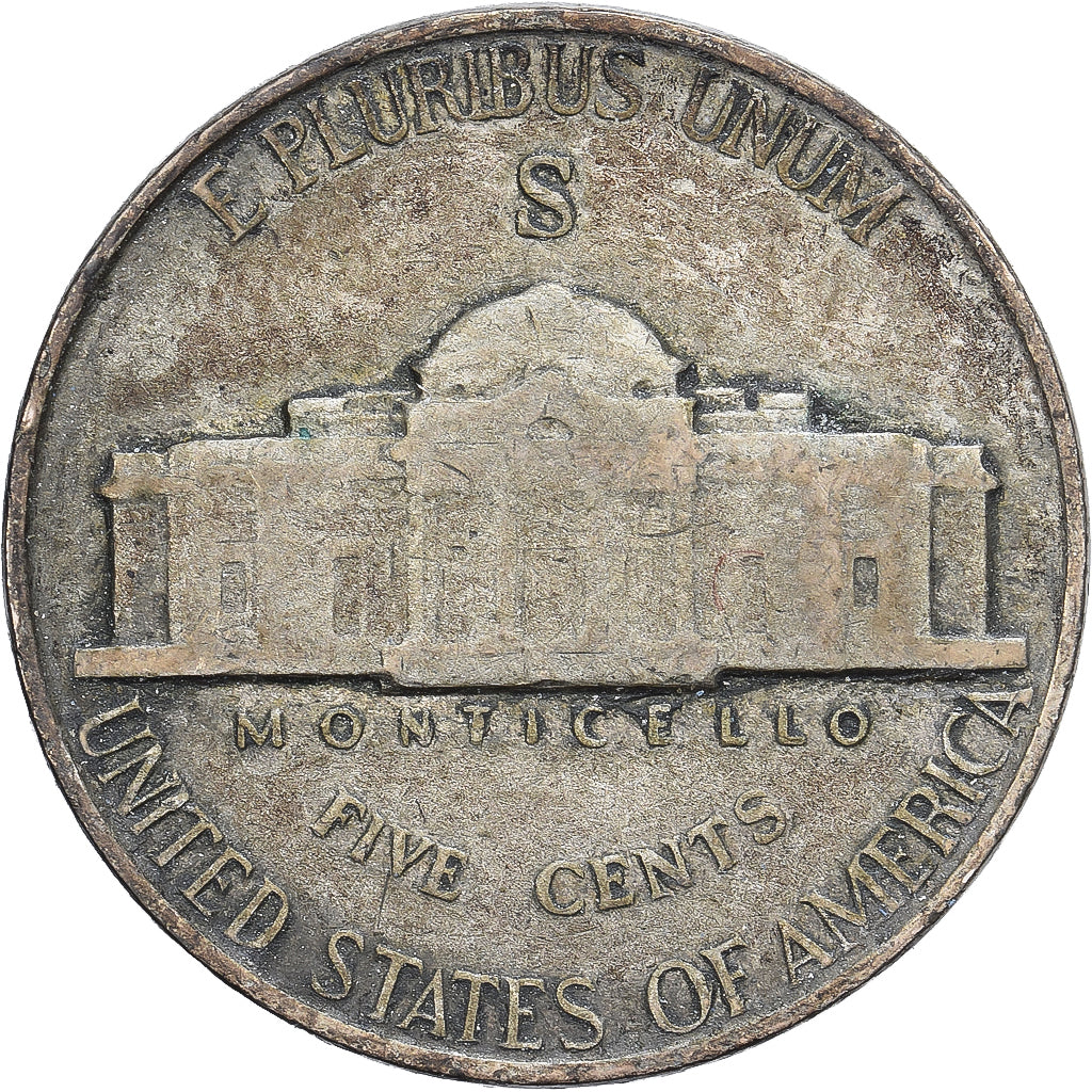 États-Unis, 5 Cents, Jefferson, 1943, San Francisco, Billon, TB, KM:192a